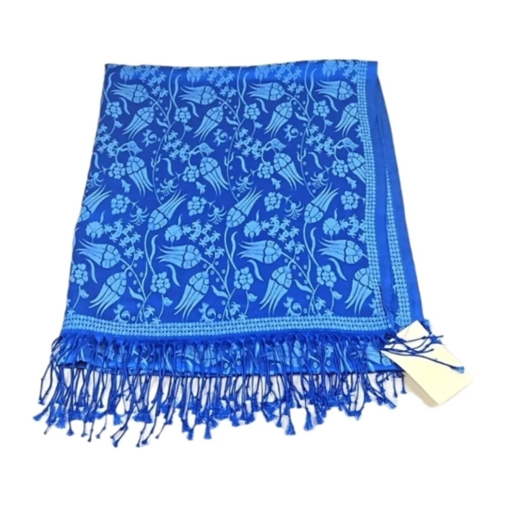 Turkish Silk Blue Print Tassle Trim Scarf, 70